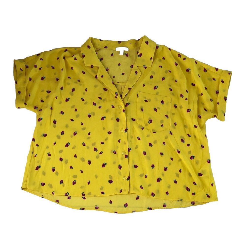 Abound Yellow Strawberry Print Button Up Shirt Short Sleeve Blouse Medium
